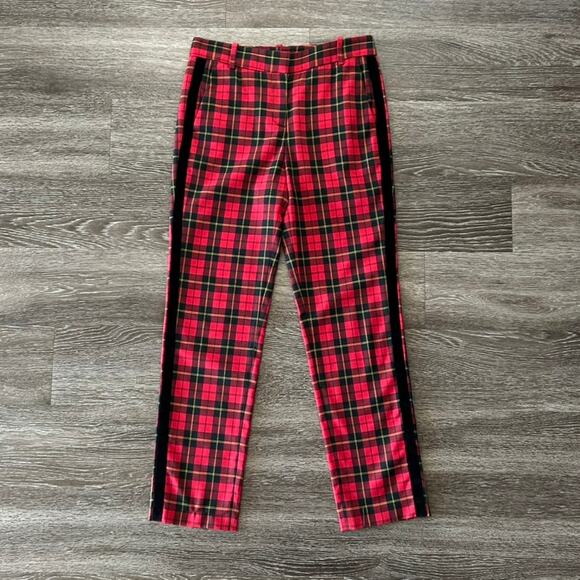 EUC Maje Red Pantya Velvet Piped Plaid Pants Tartan Cropped Check Slim Trouser - Picture 2 of 16